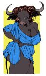 2025 2_horns anthro arm_under_breasts bedroom_eyes bent_arm big_breasts big_butt big_eyes big_iris biped black_body black_breasts black_ears black_eyebrows black_fur black_tail blue_clothing blue_robe border bovid bovine breasts butt cattle cleavage clothed clothed_anthro clothed_female clothing curved_horn dark_body dark_fur digital_drawing_(artwork) digital_media_(artwork) ear_piercing ear_ring ear_tuft eyebrows eyelashes female fingers fur fur_tuft glistening glistening_nose grey_eyes grey_horn hair half-closed_eyes hoop_ear_ring horn iris long_eyelashes looking_at_viewer mammal medium_hair monotone_background narrowed_eyes off_shoulder orange_hair outside_border piercing pink_nose portrait pose pupils ring_piercing robe seductive side_view simple_background small_eyebrows snout solo sori0414 standing tail thick_thighs three-quarter_portrait tuft white_border yellow_background