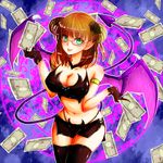  :p breasts brown_hair cleavage demon_girl demon_horns demon_tail glasses gloves green_eyes horns large_breasts money ritsu_(amanoritu) sakuma_rinko short_hair solo tail tongue tongue_out wings yondemasu_yo_azazel-san. 