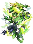  1boy armor assault_visor black_bodysuit bodysuit dragon full_body geo_stelar_(mega_man) green_armor green_helmet helmet highres magainu male_focus mega_man_(series) mega_man_star_force_(series) red-tinted_eyewear simple_background star_force_mega_man tinted_eyewear white_background 