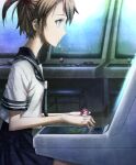  1girl aqua_eyes arcade arcade_cabinet arcade_stick black_neckerchief black_sailor_collar black_sleeves blue_eyes blue_skirt brown_hair child controller cropped_shirt flat_chest game_cg game_controller highres huke indoors joystick looking_to_the_side miniskirt neckerchief non-web_source official_art playing_games pleated_skirt ringed_eyes sailor_collar school_uniform screen_light serafuku shirt short_sleeves short_twintails sitting skirt solo square_pupils steins;gate steins;gate:_linear_bounded_phenogram tennouji_nae thighs twintails video_game white_shirt white_stripes 