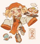  1girl blonde_hair bowl bright_pupils colored_tongue commentary_request dress egg_(food) fang food food-themed_hair_ornament full_body hair_ornament headscarf highres holding holding_tray inkling inkling_girl inkling_player_character jellyfish_(splatoon) kamaboko long_sleeves narutomaki narutomaki_hair_ornament noodles open_mouth orange_headscarf p0m4_p0m4 pointy_ears ramen red_eyes roller_skates short_hair short_twintails skates sleeves_past_fingers sleeves_past_wrists smile solo splatoon_(series) standing standing_on_one_leg tentacle_hair thick_eyebrows tray twintails white_dress white_pupils wide_sleeves yellow_tongue 
