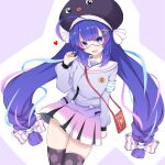  1girl ahoge animal_hat armband black_thighhighs blue_eyes blue_hair blue_streaks blunt_bangs bow braid cellphone_strap commentary_request cowboy_shot eel_hat fang goggles gradient_clothes gradient_hair gradient_skirt hair_between_eyes hair_bow hair_ornament hairclip hand_in_own_hair hand_up hat hat_ribbon heart highres honeycomb_(pattern) honeycomb_print jacket large_hat long_hair long_sleeves looking_at_viewer low-braided_long_hair low-tied_long_hair mac_4229 mortarboard multicolored_hair multicolored_skirt open_mouth otomachi_una otomachi_una_(voicepeak) pink_skirt pink_streaks pink_stripes pleated_skirt print_thighhighs puffy_long_sleeves puffy_sleeves purple_background purple_hat purple_jacket purple_skirt red-framed_eyewear ribbon safety_pin sailor_collar sailor_jacket shoulder_strap skirt smartphone_case smile solo standing streaked_hair striped_bow striped_ribbon thighhighs twintails vertical-striped_bow very_long_hair voicepeak white_armband white_bow white_ribbon white_sailor_collar zettai_ryouiki 