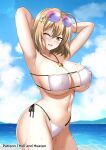  1girl ahoge anis_(nikke) anis_(sparkling_summer)_(nikke) armpits arms_behind_head bikini blonde_hair breasts covered_nipples cowboy_shot eyepatch_bikini eyewear_on_head goddess_of_victory:_nikke hair_ornament hellandheaven highres large_breasts ocean official_alternate_costume one_eye_closed patreon_username purple-tinted_eyewear side-tie_bikini_bottom solo sunglasses swimsuit tinted_eyewear water wet white_bikini yellow_eyes 