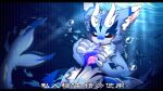 2022 2_horns 4_fingers anthro biped blue_body blue_fur blue_markings blue_theme blush blush_lines bubble chest_tuft chinese_text claws cool_colors digital_drawing_(artwork) digital_media_(artwork) dragon dragon_horn eyes_closed fangs fingers fish fish_tail fur furred_dragon furred_fish furred_scalie hlg7777 horn inner_ear_fluff kemono light light_beam male marine markings multicolored_body multicolored_fur mythological_creature mythological_scalie mythology neck_tuft pawpads paws scalie seashell shaded shell solo tail teeth text tuft underwater wallpaper water white_body white_fur