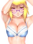  armpits arms_up bare_shoulders blonde_hair blue_bra bra breasts cleavage eyelashes glasses lace lace_bra large_breasts lips long_hair original red_eyes simple_background smile solo ueyama_michirou underwear white_background 