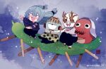 1girl 3boys :d artist_name black_eyes blue_hair blue_sky branch chibi cloak cloud cloudy_sky cucumber cursed_spirit_(jujutsu_kaisen) cyclops dagon_(jujutsu_kaisen) eyelashes full_body fur-trimmed_cloak fur_trim hanami_(jujutsu_kaisen) happy jogo_(jujutsu_kaisen) jujutsu_kaisen kimikimi_(sisterplan_12) long_hair low-tied_long_hair mahito_(jujutsu_kaisen) monster_girl mouth_with_tentacles multiple_boys no_eyes octopus_boy one-eyed plant_girl pointing polka_dot_cloak riding rolling_eyes shoes sky smile sneakers stitched_arm stitched_face stitches teeth veil volcano white_veil 