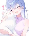  1girl ^_^ animal bare_shoulders blue_hair blush breasts cat closed_eyes hair_between_eyes heart highres holding holding_animal hug idolmaster idolmaster_shiny_colors idolmaster_shiny_colors_song_for_prism long_hair medium_breasts open_mouth purple_shirt shirasato_(phzm8733) shirt simple_background sleeveless sleeveless_shirt smile solo straight_hair suzuki_hana upper_body very_long_hair white_background white_cat 