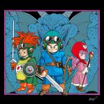  1girl 3boys asymmetrical_dual_wielding aviator_cap belt_buckle black_border black_eyes blue_bodysuit blue_eyes blue_hat blue_tunic bodysuit boots border brown_gloves brown_shoes buckle chibi commentary_request cousins curly_hair derivative_work dragon dragon_quest dragon_quest_ii dual_wielding erdrick&#039;s_shield fins frown gem gloves goggles goggles_on_headwear green_bodysuit green_tabard hat head_fins highres holding holding_shield holding_staff holding_sword holding_weapon horns long_hair looking_at_viewer looking_to_the_side mage_staff multiple_boys open_mouth orange_boots orange_gloves orange_hair pink_robe prince_of_lorasia prince_of_samantoria princess_of_moonbrook purple_border purple_eyes purple_hair red_gemstone red_hood robe roto&#039;s_emblem scales sharp_teeth shield shoes short_hair sidoh signature spiked_hair staff sword tabard tcgf_04 teeth toriyama_akira_(style) tunic video_game_cover_redraw weapon white_trim 