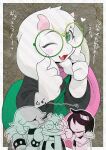  1boy 1girl 1other animal_ears blush cheek_pinching cheek_pull cloak closed_eyes closed_mouth deltarune english_commentary fang furry furry_female furry_male goat_boy goat_ears goat_horns green_cloak hair_over_eyes highres horns kris_(deltarune) looking_at_viewer male_focus naoki_(oosuko) one_eye_closed open_mouth pinching pink_scarf ralsei reptile_girl round_eyewear scarf skin_fang smile susie_(deltarune) translation_request watermark 