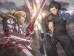  1boy 1girl aqua_eyes armor belt belt_buckle black_gloves black_hair black_pants blonde_hair brown_belt buckle buster_sword clarent_(fate) cloud cloudy_sky commentary_request crisis_core_final_fantasy_vii cross_scar crossover fate/apocrypha fate/grand_order fate_(series) final_fantasy final_fantasy_vii gauntlets gloves green_eyes grin holding holding_sword holding_weapon mordred_(fate) mordred_(fate/apocrypha) outdoors pants pauldrons ponytail scar scar_on_cheek scar_on_face shoori_(migiha) short_hair shoulder_armor sky sleeveless smile sword sword_clash takeuchi_takashi_(style) weapon zack_fair 