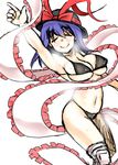  bikini blue_hair boots borrowed_design bow closed_eyes hat hat_bow mabuchoco_m nagae_iku purple_hair ribbon shawl short_hair smile solo sweat swimsuit touhou wrestling_outfit 