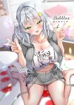  1girl arrow_(symbol) bed bird_hair_ornament blouse blush breasts cleavage collarbone double_v green_eyes grey_hair grey_jacket hair_ornament heart highres hood hood_down hooded_jacket jacket kneeling large_breasts long_hair nae-nae navel open_clothes open_jacket open_mouth original pom_pom_(clothes) pom_pom_hair_ornament rug shirt smile solo table v white_shirt wooden_floor 