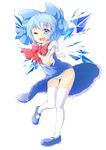  blue_dress blue_eyes blue_hair bow cirno dress full_body hair_bow highres looking_at_viewer mary_janes nogisaka_kushio one_eye_closed open_mouth panties puffy_sleeves shirt shoes short_hair short_sleeves simple_background smile solo striped striped_panties thighhighs touhou underwear upskirt white_background white_legwear wings 