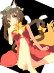  alternate_hairstyle animal_ears bad_feet barefoot bow braid brown_hair cat_ears cat_tail chen china_dress chinese_clothes dress error haruyonoto hat highres jewelry long_hair looking_at_viewer multiple_tails no_panties red_eyes single_earring sitting solo tail teenage touhou twin_braids 