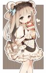  1girl absurdres animal_ears apron aqua_ribbon bear_ears black_apron blush brown_hair crepe dress eating eyebrows_hidden_by_hair flat_chest food frilled_dress frills from_side fruit gloves hair_ribbon hair_rings highres holding holding_crepe holding_food long_hair open_mouth original ribbon solo strawberry stuffed_animal stuffed_toy teddy_bear user_wyxr8822 waist_apron white_dress white_gloves 