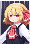  1girl ascot bags_under_eyes black_background black_vest blonde_hair border closed_mouth collared_shirt commentary english_commentary fang fang_out frown hair_ribbon highres long_sleeves looking_at_viewer outside_border polka_dot polka_dot_background red_ascot red_eyes red_ribbon ribbon rion_(user_ufvg8527) rumia shirt short_hair signature solo touhou upper_body vest white_border white_shirt 