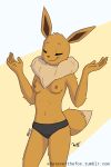  anthro breasts clothed clothing eevee nelly_(whateverthefox) nintendo panties pok&eacute;mon pok&eacute;mon_(species) raised_arm shrug smile smirk standing topless underwear video_games whateverthefox 