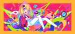  1girl backpack bag bilibili_3461583319600097 blonde_hair chinese_commentary coat colorful_background commentary_request cross-eyed cross-shaped_pupils dress fins fish_tail from_side hair_between_eyes heterochromia highres indie_virtual_youtuber kaofish long_bangs looking_at_viewer mary_janes open_mouth pantyhose patterned_background pink_coat randoseru red_eyes shark_tail shoes sitting smile star_(symbol) symbol-shaped_pupils tail white_dress white_pantyhose yellow_eyes 