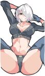  1girl angel_(kof) backless_pants blue_eyes bra breasts chaps cleavage crop_top cropped_jacket enpe fingerless_gloves gloves hair_over_one_eye highres jacket large_breasts leather leather_jacket looking_at_viewer midriff navel panties pants short_hair smile snk solo strapless strapless_bra the_king_of_fighters the_king_of_fighters_xiv toned toned_female underwear white_hair 