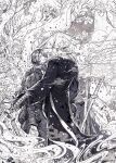  2boys blade_lineage_(identity)_(project_moon) coat egasumi flaw_eight flower full_body gregor_(project_moon) greyscale hat highres holding_hands katana kurokumo_clan_(identity)_(project_moon) limbus_company long_sleeves low_ponytail mechanical_hands meursault_(project_moon) monochrome mountain multiple_boys parted_bangs ponytail project_moon rice_hat single_mechanical_hand sword tree weapon 