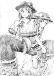  greyscale hat highres hinanawi_tenshi long_hair monochrome multiple_girls nagae_iku sitting smile touhou traditional_media vent_arbre 