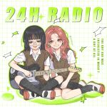  2girls :d artist_name black_eyes black_hair black_skirt black_socks brown_sweater_vest choppy_bangs collared_shirt copyright_name dress_shirt electric_guitar full_body glasses grey-framed_eyewear grid_background grin guitar headphones highres indian_style instrument jewelry kininatteru_hito_ga_otoko_ja_nakatta koga_mitsuki miaoyu mole mole_under_eye multiple_girls multiple_rings music oosawa_aya parted_bangs playing_guitar playing_instrument red_hair ring school_uniform shirt shoes sitting skirt smile socks star_(symbol) summer_uniform sweater_vest uwabaki white_shirt white_shoes yokozuwari 