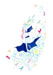  1girl bare_legs barefoot blonde_streaks blue_sailor_collar blue_skirt blue_streaks commentary_request fish floating_hair full_body holding holding_magnifying_glass long_hair magnifying_glass masking_tape_(medium) mixed_media multicolored_hair neckerchief original pink_neckerchief pink_streaks purple_streaks ryono sailor_collar school_uniform serafuku shirt short_sleeves skirt solo streaked_hair traditional_media unconventional_media white_background white_shirt 