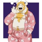 2025 2_horns absurd_res anthro asgore_dreemurr beard boss_monster_(undertale) bovid caprine clothing colored exposed_chest facial_hair floral_pattern goat hand_in_pocket hi_res horn male mammal nicob04 open_mouth open_pajama_shirt pajamas pockets solo undertale_(series) yawn