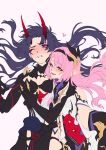  2girls black_gloves black_shorts blue_eyes breasts cleavage commentary corset elf elysia_(honkai_impact) elysia_(miss_pink_elf)_(honkai_impact) english_commentary gloves grabbing_another&#039;s_breast groping hair_ornament heart highres honkai_(series) honkai_impact_3rd horns large_breasts long_hair multiple_girls one_eye_closed pink_hair pointy_ears purple_eyes purple_hair raiden_mei raiden_mei_(herrscher_of_thunder) red_horns senouzzz shorts simple_background very_long_hair white_background white_corset 