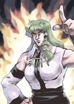  detached_sleeves frog_hair_ornament green_hair hair_ornament hokuto_no_ken kochiya_sanae long_hair mizuki_hitoshi muscle parody snake solo style_parody touhou 