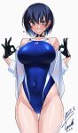 1girl absurdres ass_visible_through_thighs black_gloves black_hair blue_eyes blue_one-piece_swimsuit bob_cut borrowed_character breasts choker competition_swimsuit covered_navel gloves grin highleg highleg_one-piece_swimsuit highres large_breasts one-piece_swimsuit open_clothes open_shirt original shirt short_hair signature simple_background smile solo standing swimsuit thigh_gap umise_aoba_(ulrich) white_background white_shirt yoo_tenchi 