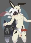 absurd_res animal_genitalia anthro ashley_(huf13) balls bite black_body black_ears black_fur black_tongue bodily_fluids breasts buckteeth canine_genitalia dripping duo female foxyffox fur genital_fluids genital_piercing genitals grey_eyes hair hi_res inner_ear_fluff jack_kel_(huf13) knot knot_grab lagomorph leporid male male/female mammal markings open_mouth penis penis_piercing piercing precum precum_drip rabbit red_eyes saggy_balls shoulder_bite side_boob spots spotted_body spotted_fur surprised_expression teeth tongue tongue_out tuft white_body white_fur white_hair