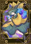  1girl black_hat black_shoes commentary_request frilled_skirt frills fugudoku full_body gears green_eyes green_hair green_skirt hat hat_ribbon heart heart_of_string highres komeiji_koishi long_sleeves open_mouth phone ribbon shirt shoes skirt solo third_eye touhou wide_sleeves yellow_ribbon yellow_shirt 