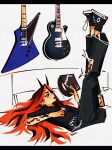  1girl arm_tattoo audrey_(mrpilo28) black_eyes black_hair black_horns black_lips black_nails black_pants black_shirt chain commentary converse crackers_in_bed_cover_redraw_(meme) ear_piercing electric_guitar english_commentary freckles full_body gibson_explorer gibson_les_paul goth_fashion guitar highres horns instrument leg_tattoo legs_up letterboxed long_hair lying meme metallica mrpilo28 on_back on_bed oni original pants piercing record_jacket red_hair shirt shoes short_sleeves solo t-shirt tattoo torn_clothes torn_pants vinyl_record white_background 