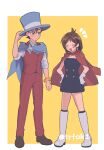  1boy 1girl ace_attorney adjusting_clothes adjusting_headwear antenna_hair apollo_justice apollo_justice:_ace_attorney aqua_necktie black_dress blue_cape blue_hat blush_stickers boots border bracelet brown_eyes brown_hair brown_shoes cape clenched_hand closed_eyes collarbone dress earrings forked_eyebrows full_body gloves gold_bracelet hands_on_own_hips hat height_difference highres jacket jacket_on_shoulders jewelry lapel_pin medium_hair nanase_(trfok1) necktie notice_lines outside_border pants red_pants red_scarf red_vest scarf shoes short_hair single_earring standing top_hat trucy_wright twitter_username vest white_boots white_border white_gloves 
