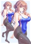  1girl absurdres black_pantyhose blue_background blue_one-piece_swimsuit breasts brown_hair closed_mouth commentary_request competition_swimsuit covered_navel full_body gakuen_idolmaster hair_bun highleg highres himesaki_rinami idolmaster large_breasts long_hair looking_at_viewer one-piece_swimsuit pantyhose pantyhose_under_swimsuit purple_eyes revision simple_background smile swimsuit toes tong_shui torn_clothes torn_pantyhose zoom_layer 