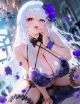  1girl :p backlighting blue_eyes blue_flower blue_petals blurry blurry_background blush bra breasts chandelier character_request cleavage commentary_request commission copyright_request falling_petals finger_to_tongue flower hair_flower hair_intakes hair_ornament heterochromia highres huge_breasts indoors lace-trimmed_bra lace-trimmed_panties lace_trim leaning_forward long_hair looking_at_viewer open_mouth panties petals red_eyes sakurano_tsukasa skeb_commission skindentation solo thighs tongue tongue_out underwear white_hair 