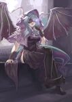  1girl absurdres black_dress black_souls black_souls_2 black_thighhighs capelet chercly covered_navel dragon_girl dragon_horns dragon_tail dragon_wings dress glowing glowing_eye grey_hair hair_between_eyes highres hood hooded_capelet horns jabberwock_(black_souls) jewelry long_hair no_shoes open_mouth purple_eyes ring sitting smile solo tail thighhighs wings 