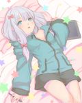  1girl bangs bed_sheet blue_eyes blue_jacket blush bow breasts cleavage drawing_tablet eromanga_sensei eyebrows_visible_through_hair hair_bow izumi_sagiri jacket kota_(tokiwa) long_hair long_sleeves lying on_back open_mouth pink_bow silver_hair small_breasts solo star stylus zipper_pull_tab 