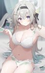  1girl :&gt; alternate_costume artist_name bare_shoulders black_hairband blurry blurry_background blush bra breasts cleavage closed_mouth collarbone crossed_bangs deyui duplicate fanbox_logo firefly_(honkai:_star_rail) grey_hair hair_between_eyes hair_intakes hair_ornament hairband hairclip highres honkai:_star_rail honkai_(series) lace-trimmed_bra lace-trimmed_panties lace_trim large_breasts long_hair looking_at_viewer navel on_bed outstretched_arm panties patreon_logo pixel-perfect_duplicate purple_eyes selfie sitting solo stomach underwear underwear_only v white_bra white_panties 