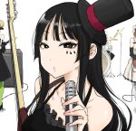  4girls absurdres akiyama_mio bare_shoulders black_dress black_eyes black_hair commentary_request don&#039;t_say_&quot;lazy&quot; dress drum drum_set eyelashes guitar hat highres hirasawa_yui instrument k-on! kotobuki_tsumugi long_hair looking_at_viewer microphone multiple_girls pandakorya standing tainaka_ritsu 
