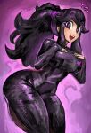  1girl @_@ black_bodysuit black_hair bodysuit breasts cropped_legs curvy flying_sweatdrops from_side hairband hands_on_own_chest heart heart_sticker hex_maniac_(pokemon) highres large_breasts long_hair looking_at_viewer open_mouth pokemon pokemon_xy ponytail purple_background purple_eyes purple_hairband saiykik smile thick_thighs thighs zero_suit 