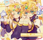  1boy 1girl :o arrow_(symbol) banana bandaid belt black_leg_warmers black_sailor_collar black_shorts blonde_hair blue_eyes bow bow_hairband brother_and_sister character_name detached_sleeves drop_shadow english_text eyes_visible_through_hair fake_play_button fake_video film_grain food food-themed_hair_ornament fruit hair_between_eyes hair_ornament hairband halftone heart heart_hair_ornament heart_hands high_ponytail highres kagamine_len kneeling leg_warmers mandarin_orange mattari_haruto medium_hair messy_hair neckerchief necktie nervous one_eye_closed open_mouth orange_hair_ornament pixel_heart ponytail puffy_sleeves sailor_collar shirt shoes short_hair short_ponytail shorts siblings sitting star_(symbol) star_hair_ornament text_hair_ornament thumbs_up_emoji too_many_hair_ornaments twins vocaloid watermark white_shirt white_shoes wing_hair_ornament x_hair_ornament yellow_belt yellow_neckerchief yellow_necktie 