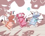  3others animal_ears blue_bow blue_bowtie blue_neckerchief bow bowtie bulging_eyes commentary_request cosplay crying eye_pop flashlight flying fox_ears fox_tail hat highres holding holding_flashlight hololive hyde_(tabakko) jester_cap looking_ahead looking_back multiple_others neckerchief necktie omaru_polka omaru_polka_(cosplay) ominous_shadow open_mouth r.e.p.o. red_necktie robot running scared semibot shirakami_fubuki shirakami_fubuki_(cosplay) sweatdrop tail takane_lui takane_lui_(cosplay) telekinesis 