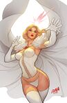  1girl blonde_hair blue_eyes breasts cape corset david_nakayama elbow_gloves emma_frost gloves highres initial marvel medium_breasts panties red_lips short_hair solo thighhighs underwear white_cape white_corset white_gloves white_panties white_thighhighs x-men 