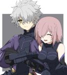  1boy 1girl absurdres armor arms_behind_back bare_shoulders black_armor black_gloves blush border capelet closed_eyes commentary_request crossed_arms fate/grand_order fate_(series) galahad_(fate) gloves grey_background grey_hair hair_over_one_eye height_difference highres knight lanpohantong mash_kyrielight mash_kyrielight_(demi-servant) one_eye_covered open_mouth outside_border pink_hair purple_capelet simple_background smile spiked_hair teeth upper_teeth_only white_border yellow_eyes 
