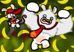 2024 anthro arms_bent banana blue_eyes blurred_background bottomless bottomless_anthro bottomless_male buckteeth captainquack64 clothed clothed_anthro clothed_male clothing crossover digital_drawing_(artwork) digital_media_(artwork) duo english_description fake_tail fan_character fist flat_colors food fruit fur hat headgear headwear hi_res jet_pack lagomorph larger_anthro larger_male long_ears looking_at_another looking_at_viewer male mammal mario_bros mario_plus_rabbids_kingdom_battle midair mitten_hands mostly_nude mostly_nude_anthro mostly_nude_male multicolored_body muscular muscular_anthro muscular_male necktie necktie_only nintendo no_eyebrows noseless pawpads pink_tongue plant rabbid rabbid_diddy_kong rabbid_kong raised_hands raving_rabbids rayman_(series) red_clothing red_hat red_headwear red_necktie red_shirt red_tank_top red_topwear shirt sideways_hat size_difference smaller_anthro smaller_male smoke tan_eyelids tan_inner_ear tan_pawpads tank_top teeth text text_on_clothing text_on_hat text_on_headwear tongue topwear two_tone_body ubisoft white_body white_fur