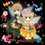  1girl bad_id bad_pixiv_id black_mokona brown_eyes brown_hair candy cardcaptor_sakura couple creator_connection crossover dress fairy_wings food formal green_eyes halloween happy_halloween hetero kanaoto_neiro kero kinomoto_sakura li_xiaolang lollipop mokona short_hair star suit suppi wings 