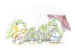  baku_taso blonde_hair blush chibi closed_eyes frog green_hair hair_ornament hat kochiya_sanae leaf leaf_umbrella long_hair moriya_suwako multiple_girls open_mouth rain ribbon short_hair smile touhou traditional_media umbrella 