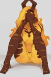 2024 5_toes arbuzbudesh arm_support artist_name bent_legs big_butt breasts brown_body brown_face brown_horn brown_markings butt chest_markings convenient_censorship elemental_creature elemental_humanoid elly_(zlasova) empty_eyes eye_through_pseudo_hair eyebrow_through_pseudo_hair eyebrows feet female female_humanoid fingers fire fire_creature fire_humanoid flaming_hair front_view full-length_portrait genitals grey_background horn horned_humanoid humanoid humanoid_feet knees_pulled_up leaning_on_elbow long_pseudo_hair markings monotone_pseudo_hair mouthless multicolored_body not_furry nude nude_female nude_humanoid pinup plantigrade portrait pose pseudo_hair pubic_markings pussy signature simple_background sitting small_breasts solo text thick_thighs toes translucent translucent_pseudo_hair two_tone_body yellow_body yellow_eyes yellow_pseudo_hair